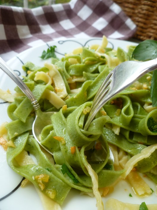 cheeseclotch over pastahay and strawwgarlic auberginesauceon spa 021